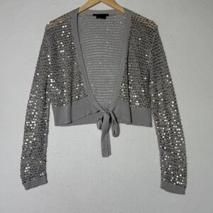 BCBGMAXAZRIA Silver Sequin Silk Knit Tie Front Cropped Cardigan‎ Womens Size L